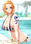  1girl arm_tattoo bikini bracelet breasts highres jewelry large_breasts looking_at_viewer medium_hair moriton nami_(one_piece) necklace o-ring o-ring_bikini one_piece one_piece:_strong_world orange_hair partially_submerged poolside solo swimsuit tattoo wet 