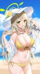  1girl :d arm_up bare_shoulders bikini blonde_hair blue_archive blurry blurry_background breasts cleavage cowboy_shot flower front-tie_bikini front-tie_top green_eyes halo halterneck hand_up hat hat_flower highres holding holding_hair kurot large_breasts long_hair looking_at_viewer navel nonomi_(blue_archive) nonomi_(swimsuit)_(blue_archive) off_shoulder official_alternate_costume open_clothes open_mouth open_shirt shirt side-tie_bikini smile solo stomach strap_gap string_bikini sun_hat swimsuit thighs white_headwear white_shirt yellow_bikini 
