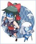  azumaya_koyuki black_hair blue_eyes cats_yone dororo_(keroro_gunsou) frog green_eyes hat highres japanese_clothes keroro_gunsou kimono long_hair looking_at_viewer mask mouth_mask ninja ninja_mask one_eye_closed red_ribbon ribbon scarf simple_background smile standing star_(symbol) weapon 