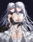  2girls absurdres azur_lane bare_shoulders black_dress black_gloves black_vs_white blue_eyes breasts cleavage dress dual_persona elbow_gloves emden_(azur_lane) flower flower_eyepatch gloves grabbing grabbing_from_behind grey_hair hair_between_eyes hair_ornament highres large_breasts long_hair looking_at_viewer multiple_girls red_eyes red_flower red_rose rjh5820 rose shiny shiny_skin strapless strapless_dress thighhighs very_long_hair white_dress white_flower white_rose white_thighhighs 