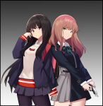  2girls absurdres adjusting_hair backpack bag black_hair black_pantyhose blue_jacket collared_shirt cosplay costume_switch crossover gradient gradient_background green_eyes gridman_universe gun highres holding holding_gun holding_weapon inoue_takina jacket light_brown_hair long_hair lycoris_recoil minami_yume multiple_girls pantyhose pleated_skirt purple_eyes shirt skirt sleeves_past_wrists ssss.dynazenon voice_actor_connection weapon zhanzhangzlw 