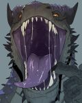  absurd_res anthro black_claws black_spikes bodily_fluids brown_sclera bust_portrait cheek_spikes claws facial_spikes finger_claws front_view glistening glistening_eyes green_body green_scales hi_res imperatorcaesar male mouth_shot open_mouth orange_eyes portrait pupils purple_tongue saliva saliva_on_tongue saliva_string scales scalie sharp_teeth simple_background slit_pupils solo spikes spikes_(anatomy) teeth tongue 
