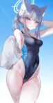  1-gou_(111touban) 1girl animal_ear_fluff animal_ears arm_up bangs bare_hips bare_shoulders black_swimsuit blue_archive blue_eyes blue_sky blush breasts closed_mouth competition_swimsuit covered_navel cowboy_shot day grey_hair halo highleg highleg_swimsuit highres holding holding_towel long_hair looking_at_viewer medium_breasts official_alternate_costume one-piece_swimsuit outdoors ponytail shiroko_(blue_archive) shiroko_(swimsuit)_(blue_archive) sidelocks sky solo swimsuit thighs towel wolf_ears 