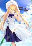  1girl ahoge artoria_caster_(fate) artoria_pendragon_(fate) bangs bare_shoulders black_ribbon blonde_hair blue_skirt blue_sky blush bow bowtie breasts buttons closed_mouth cloud cloudy_sky dress fate/grand_order fate_(series) green_eyes hair_between_eyes hand_up hat highres holding leaf long_hair looking_at_viewer neko_daruma purple_bow purple_dress ribbon shiny shiny_hair simple_background skirt sky sleeveless small_breasts smile solo standing sun sun_hat twintails white_dress white_headwear 