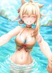  1girl ^_^ ^o^ arm_tattoo beach bikini blonde_hair blue_sky blush breasts choker cleavage closed_eyes genshin_impact happy highres holding_hands large_breasts navel ocean orange_bikini outdoors partially_submerged ponytail pov pov_hands royboy sky stomach swimsuit tattoo water wet yoimiya_(genshin_impact) 