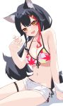  1girl :d animal_ear_fluff animal_ears bare_arms bare_shoulders bikini black_hair breasts cleavage collarbone floral_print front-tie_bikini front-tie_top hair_ornament halterneck highres hololive long_hair looking_at_viewer medium_breasts multicolored_hair navel nishino_eri ookami_mio open_mouth orange_eyes short_shorts shorts side-tie_bikini simple_background sitting smile solo stomach streaked_hair string_bikini swimsuit tail thigh_strap thighs virtual_youtuber white_background white_shorts wolf_ears wolf_girl wolf_tail 