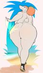  anthro beach blue_eyes butt_jiggle butt_slap canid canine canis chubby_female clothing domestic_dog female footwear hi_res highlights_(coloring) jiggling logtut mammal manna-mint nude overweight overweight_female poodle sand sea seaside shoes sky slap solo water 