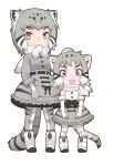 2girls animal_ear_fluff animal_ears blue_eyes closed_mouth gloves grey_hair highres kemono_friends kneehighs looking_at_viewer multicolored_hair multiple_girls official_art open_mouth pallas&#039;s_cat_(kemono_friends) ribbon scarf shirt shoes short_hair simple_background skirt sleeveless sleeveless_shirt socks standing tachi-e tail white_background yellow_eyes yoshizaki_mine 