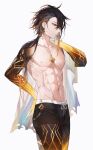  1boy abs bangs black_hair brown_hair earrings genshin_impact gradient_hair hair_between_eyes highres jewelry long_hair male_focus multicolored_hair qiandaiyiyu shorts single_earring solo tassel tassel_earrings toned toned_male white_background yellow_eyes zhongli_(genshin_impact) 