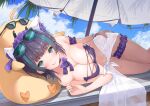  1girl :q animal_ears arm_garter azur_lane bare_arms bare_shoulders beach_umbrella bikini bikini_skirt bikini_top_only black_hair blue_sky blush bow bowtie breasts bridal_garter cheshire_(azur_lane) cheshire_(summery_date!)_(azur_lane) cleavage cloud cloudy_sky cross-laced_clothes extra_ears eyewear_on_head hand_on_own_thigh highres iroha_(unyun) large_breasts looking_at_viewer lying multicolored_hair navel official_alternate_costume on_side outdoors purple_bikini purple_bow purple_bowtie skindentation skirt sky solo strapless strapless_bikini streaked_hair sweat swimsuit tinted_eyewear tongue tongue_out umbrella white_skirt 