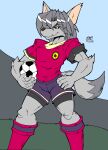  2021 akatsukishiranui-fox animal_humanoid ball bottomwear brown_nose canid canid_humanoid canine canine_humanoid canis clothing dipstick_tail fangs footwear forza!_hidemaru fur grass green_eyes grey_body grey_fur grey_hair hair half-closed_eyes hands_on_hips hi_res humanoid jersey kaiser_(forza!_hidemaru) male mammal mammal_humanoid markings multicolored_hair narrowed_eyes plant prick_ears public shirt shorts signature sky smile smirk soccer soccer_ball soccer_field soccer_jersey soccer_uniform socks solo sport sports_uniform sportswear stadium stripes tail_markings tan_inner_ear teeth_showing topwear two_tone_hair two_tone_tail uniform white_stripes wolf wolf_humanoid zhengfox 