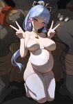  1boy 1girl belly big_belly black_skin blue_eyes blue_hair blush breasts choker colored_skin double_v feet genshin_impact hair_ornament heart heart-shaped_pupils highres hilichurl_(genshin_impact) interspecies kamisato_ayaka kneeling large_breasts leotard looking_at_viewer monster ouer_moyu ponytail pregnant sidelocks sitting size_difference smile symbol-shaped_pupils thighhighs v white_leotard white_thighhighs 