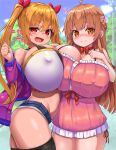  2girls breasts chiroshiron cleavage covered_nipples dress highres huge_breasts jacket long_hair micro_shorts multiple_girls open_clothes open_jacket oppai_loli original red_eyes ribbon shorts smile twintails very_long_hair yellow_eyes 