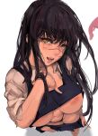  1girl :d black_hair black_panties breasts brown_eyes chainsaw_man highres long_hair looking_at_viewer mamimi_(mamamimi) mitaka_asa navel nipples panties pleated_skirt scar scar_on_face school_uniform skirt smile solo teeth underboob underwear war_devil_(chainsaw_man) 