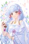  1girl blush bracelet breasts casual comb commentary_request dress flower genshin_impact gou_lianlian_dogface grey_hair hair_flower hair_ornament hair_ribbon highres holding holding_comb jewelry kamisato_ayaka mole mole_under_eye pink_nails pink_ribbon ribbon smile white_dress 