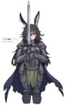  1girl animal_ears armor black_hair black_souls blue_cape cape closed_mouth cropped_legs faulds frown gauntlets genderswap genderswap_(mtf) grey_hair hair_over_one_eye highres holding holding_sword holding_weapon korean_text long_hair multicolored_hair nyong_nyong personification rabbit_ears red_eyes ringed_eyes simple_background solo sword torn_cape torn_clothes tsurime two-tone_hair vernai_(black_souls) weapon white_background 