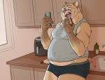  2022 anthro belly big_belly cellphone clothing detailed_background eating eyewear felid food glasses hi_res humanoid_hands inside male mammal overweight overweight_male phone rayfkm shirt smartphone solo topwear underwear 