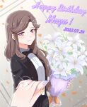  2girls bouquet bow bowtie brown_hair character_name chibinekopan dated english_text female_pov flower formal happy_birthday highres holding holding_bouquet holding_hands indoors light_blush lily_(flower) long_hair multiple_girls nail_polish petals pov purple_eyes saijou_claudine shoujo_kageki_revue_starlight smile solo_focus suit tendou_maya wedding wife_and_wife yuri 