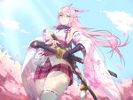  1girl absurdres animal_ears bangs bare_shoulders blue_eyes cherry_blossoms closed_mouth cloud cloudy_sky fox_ears fox_mask highres holding holding_sword holding_weapon honkai_(series) honkai_impact_3rd japanese_clothes katana kingofdraw long_hair mask miko outdoors pink_hair pink_skirt skirt sky smile solo sword thighhighs weapon white_thighhighs yae_sakura yae_sakura_(gyakushinn_miko) 