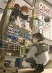  2boys animal_ears animalization cash_register cashier commentary_request convenience_store counter electronics_store employee_uniform ham_radio headphones highres indoors jacket kemonomimi_mode multiple_boys original p9_nai shelf shop shopping shopping_cart store_clerk supermarket tiles uniform 