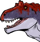  ambiguous_gender dinosaur glistening glistening_eyes grey_body grey_scales headshot_portrait imperatorcaesar low_res open_mouth portrait red_body red_scales red_tongue reptile scales scalie sharp_teeth side_view simple_background solo tan_teeth teeth tongue white_background wide_eyed 
