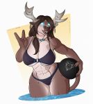  accessory anthro antlers bikini blizzard_entertainment blue_eyes bovid bovine breasts clothed clothing crown digital_media_(artwork) ear_piercing ear_ring female fur gesture hair hair_accessory hi_res highmountain_tauren horn jewelry looking_at_viewer mammal necklace piercing planktonheretic ring_piercing simple_background smile solo swimwear tauren tiara ubyl v_sign video_games warcraft water 