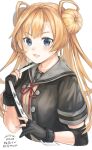  1girl absurdres abukuma_(kancolle) abukuma_kai_ni_(kancolle) black_gloves black_jacket blonde_hair blue_eyes double_bun gloves grey_sailor_collar hair_between_eyes hair_bun hair_rings highres jacket kantai_collection long_hair looking_at_viewer mvp neck_ribbon partially_fingerless_gloves red_ribbon ribbon rom_(rommmoon) sailor_collar school_uniform serafuku short_sleeves simple_background solo upper_body white_background 