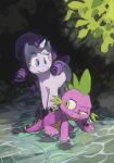  2017 anthro blue_eyes dragon duo edtropolis equid equine feral friendship_is_magic green_eyes hair holding_object horn kneeling mammal my_little_pony outside partially_submerged pink_body pink_scales purple_hair rarity_(mlp) scales spike_(mlp) unicorn 