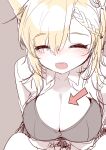  1girl :d arknights arrow_(symbol) black_bra blonde_hair bra breasts cleavage grey_background highres hourai_kochou kroos_(arknights) large_breasts open_clothes open_mouth open_shirt shirt simple_background smile solo teeth underwear upper_body upper_teeth white_shirt 