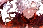  1boy blood blood_on_face cuts earrings hair_over_one_eye highres injury jewelry ka1_(user_hkdw4252) male_focus original red_eyes signature torn_clothes white_background white_hair 