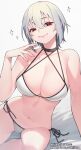  1girl bikini breasts closed_mouth fanbox_username grey_background highres jjune large_breasts looking_at_viewer navel original patreon_username red_eyes short_hair side-tie_bikini simple_background sitting smile solo swimsuit white_bikini white_hair 