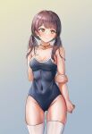  1girl absurdres bang_dream! bangs bare_shoulders black_hair blue_swimsuit blush breasts choker cleavage closed_mouth cowboy_shot furiousghafo futaba_tsukushi gradient gradient_background grey_background groin hair_tie heart heart_choker highres looking_to_the_side low_twintails medium_breasts medium_hair one-piece_swimsuit orange_eyes school_swimsuit sleeveless solo spaghetti_strap standing swimsuit thighhighs twintails wet wet_clothes wet_swimsuit white_thighhighs 