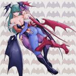  2girls animal_print ass bangs bat_background bat_print boots breasts cleavage closed_mouth collarbone commentary_request demon_girl demon_wings fingernails full_body fur_trim green_eyes green_hair head_wings high_heel_boots high_heels highres hug knee_boots large_breasts leotard lilith_aensland lips long_hair looking_at_viewer looking_back low_wings morrigan_aensland multiple_girls open_mouth pantyhose purple_hair red_eyes short_hair simple_background skin_tight smile strapless strapless_leotard vampire_(game) wings x_chitch 