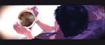  2boys arm_around_shoulder bangs black_hair blurry blush closed_mouth coffee_mug collared_shirt couple cup depth_of_field ear_blush from_above from_behind grey_hair hair_between_eyes highres holding holding_cup ignatov_numa ikari_shinji leaning_on_person letterboxed looking_at_another male_focus mug multiple_boys nagisa_kaworu neon_genesis_evangelion parted_lips rebuild_of_evangelion reflection shirt short_hair smile steam yaoi 