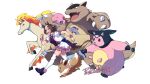  1girl absurdres animal_ears belt braid brown_hair commentary cropped_jacket eevee english_commentary french_braid frilled_skirt frills fuyukayui highres horse_ears horse_girl horse_tail kangaskhan miltank miniskirt multicolored_hair pokemon rapidash running shoes short_hair simple_background skirt special_week_(umamusume) tail thighhighs trait_connection two-tone_hair umamusume white_background white_hair white_thighhighs 