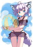  1girl absurdres ahoge animal_ears arknights ball bangs bare_shoulders beachball bikini black_bikini blue_eyes blue_sky blush cloud collarbone commentary_request day headphones_for_animal_ears highres holding holding_ball ichi_(ichi.colors) low_twintails parted_lips purple_hair see-through short_twintails sky solo standing sussurro_(arknights) swimsuit tail transparent twintails 