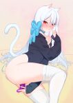  1girl absurdres animal_ears artist_name beijuu blue_bow bow cat_ears cat_girl cat_tail dildo female_masturbation girls&#039;_frontline highres long_hair looking_at_viewer masturbation nipples object_insertion parted_lips pussy_juice red_eyes sex_toy sleeves_past_wrists solo tail thighhighs tokarev_(girls&#039;_frontline) vaginal vaginal_object_insertion white_hair white_thighhighs 