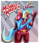  2022 absurd_res anthro clothed clothing digital_media_(artwork) english_text female hi_res kimmyartmlp logo long_neck prosthetic prosthetic_limb reptile robot_arm scalie sharp_teeth simple_background solo spikes spikes_(anatomy) teeth text tyneen_(monkey_wrench) villainous 