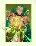  1boy animal_ears arm_tattoo bara body_fur bulge chest_hair dog_boy dog_ears energy facial_hair falling_leaves feet_out_of_frame gao_(gao_53937056) giant giant_male glowing goatee gomeisa_(live_a_hero) green_eyes grey_hair hands_up highres leaf live_a_hero male_focus muscular muscular_male pectorals pelvic_curtain short_hair smile solo standing tattoo topless_male tree tribal_tattoo wind 
