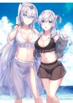  2girls adapted_costume alternate_color beach bikini bikini_skirt black_bikini blue_sky breasts cleavage clothes_writing cloud day feet_out_of_frame fuyutsuki_(kancolle) grey_eyes grey_hair grey_jacket headband height_difference highres horizon jacket kabocha_torute kantai_collection large_breasts long_hair multiple_girls ocean official_alternate_costume one_side_up outdoors sarong sky standing suzutsuki_(kancolle) swimsuit white_bikini white_hair white_headband 
