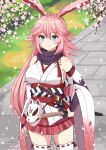  1girl absurdres animal_ears asusilver_(artist) bangs bare_shoulders blue_eyes branch breasts cherry_blossoms cleavage closed_mouth fox_ears fox_mask grass highres holding holding_sword holding_weapon honkai_(series) honkai_impact_3rd japanese_clothes katana long_hair looking_at_viewer mask miko outdoors petals pink_hair pink_skirt sheath sheathed skirt smile solo sword thighhighs tile_floor tiles weapon white_sleeves white_thighhighs yae_sakura yae_sakura_(gyakushinn_miko) 