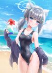  1girl animal_ear_fluff animal_ears bangs beach black_jacket black_swimsuit blue_archive blue_eyes blue_sky breasts cloud commentary_request competition_swimsuit covered_navel cowboy_shot cross_hair_ornament day drink extra_ears flower fukemachi grey_hair hair_ornament halo hibiscus highleg highleg_swimsuit highres horizon jacket low_ponytail medium_breasts medium_hair mismatched_pupils multicolored_clothes multicolored_swimsuit ocean one-piece_swimsuit open_clothes open_jacket outdoors shiroko_(blue_archive) shiroko_(swimsuit)_(blue_archive) sky solo standing swimsuit 
