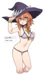  1girl :o aqua_eyes bangs bare_shoulders bikini black_souls bow breasts choker cleavage collarbone cropped_legs dorothy_(black_souls) grey_bikini groin hair_between_eyes hair_bow hand_on_headwear hat korean_text long_hair medium_breasts navel nyong_nyong open_mouth orange_hair purple_choker purple_headwear simple_background solo swimsuit underboob white_background witch_hat yellow_bow 