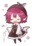  1girl animal_ears bird_ears bird_wings blush brown_dress brown_headwear brown_thighhighs chibi dress full_body hair_between_eyes hat highres long_sleeves music mystia_lorelei open_mouth pink_hair short_hair singing smile solo thighhighs totoharu_(kujirai_minato) touhou white_background white_wings wide_sleeves winged_hat wings 