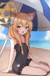  1girl :d animal_ear_fluff animal_ears bare_arms bare_shoulders beach beach_umbrella black_swimsuit blue_archive blue_eyes blue_sky braid brown_hair casual_one-piece_swimsuit cloud collarbone commentary_request day flower frilled_swimsuit frills hair_between_eyes hair_flower hair_ornament hair_over_shoulder highres horizon long_hair looking_at_viewer low_twintails mari_(blue_archive) mari_(swimsuit)_(blue_archive) mitsumine_raimu ocean on_ground one-piece_swimsuit outdoors sand sky smile solo swimsuit twin_braids twintails umbrella water white_flower 