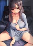  1girl bangs bare_shoulders black_hair blush breasts cleavage clock closed_mouth clothes_pull collarbone commentary_request digital_clock feet_out_of_frame grey_shirt highres large_breasts long_hair long_sleeves looking_at_viewer no_pants nose_blush off_shoulder on_bed original pulled_by_self shirt shirt_pull solo tatapopo tissue_box very_long_hair yellow_eyes 