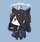  0_0 1girl ahoge animal_ears black_hair black_jacket black_shirt black_skirt blue_background blush_stickers character_name chibi coffee_cup collared_shirt commentary cup disposable_cup full_body hair_over_one_eye holding holding_cup horse_ears horse_girl horse_tail jacket manhattan_cafe_(umamusume) multicolored_hair nozo_(hitomiz) open_clothes open_jacket pantyhose parted_lips pleated_skirt shirt shoes simple_background skirt solo standing streaked_hair symbol-only_commentary tail umamusume white_footwear white_hair 