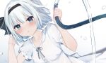  1girl alternate_costume black_hairband black_ribbon blue_eyes blush collarbone hair_ribbon hairband highres holding holding_hose hose karasusou_nano konpaku_youmu open_mouth ribbon shirt short_hair short_sleeves solo touhou water white_hair white_shirt 