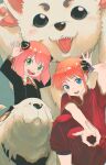  2girls anya_(spy_x_family) bangs blue_eyes bond_(spy_x_family) china_dress chinese_clothes commentary_request dog dress gintama green_eyes highres kagura_(gintama) multiple_girls open_mouth orange_hair pink_hair red_dress sadaharu smile spy_x_family teeth upper_teeth urachan1629 