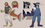  absurd_res anthro black_clothing black_topwear blue_body blue_overalls blue_tail clothing fish green_body green_tail grey_background grey_body grey_tail hi_res imperatorcaesar male marine markings model_sheet multiple_images red_body red_tail simple_background solo spots spotted_arms spotted_legs spotted_markings spotted_tail tail_markings topwear 
